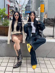 IN CHOOSE U 笑笑家秋季新款复古港风休闲牛仔外套+牛仔裤两件套