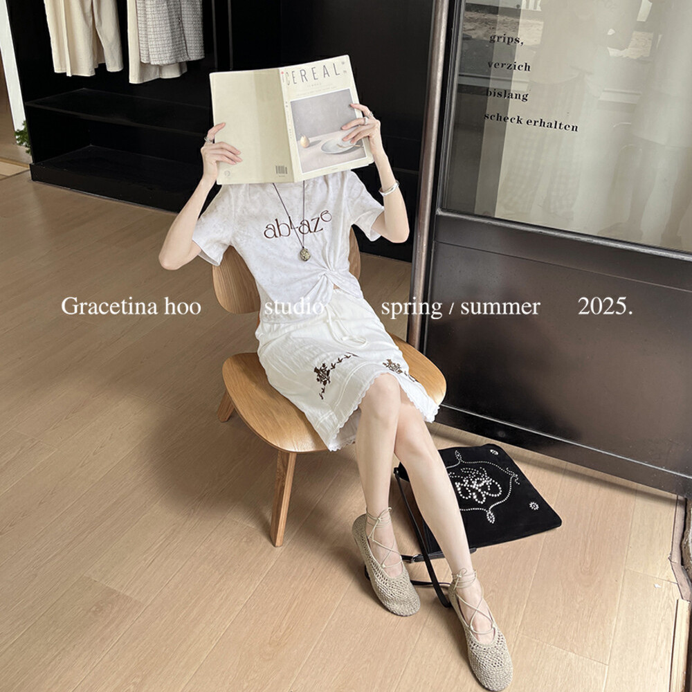 GRACETINA HOO 2025夏季复古花卉刺绣慵懒百搭直筒半身裙