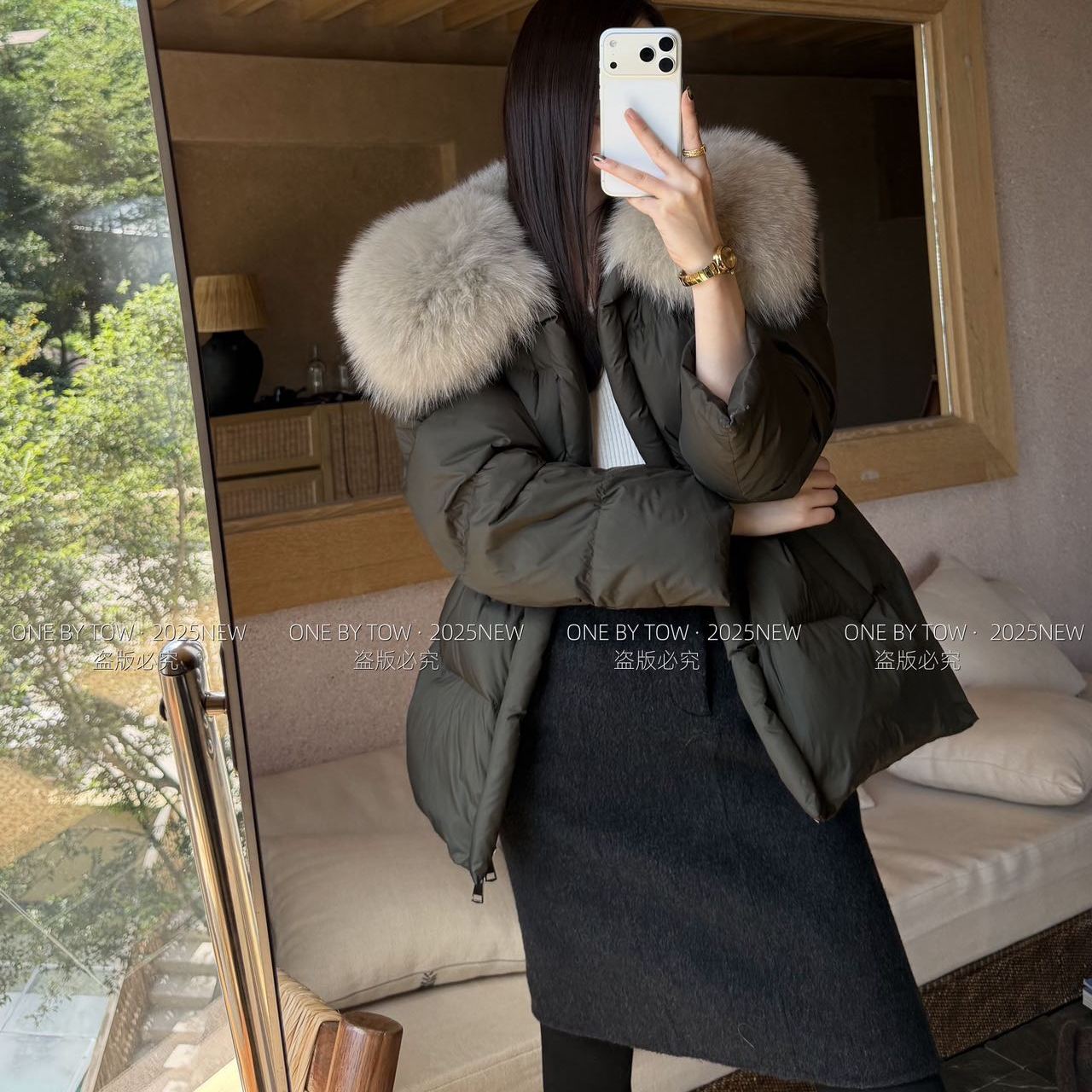 ONEBYTOW 冬季可拆卸真狐狸毛领抽绳收腰显瘦羽绒服外套28121