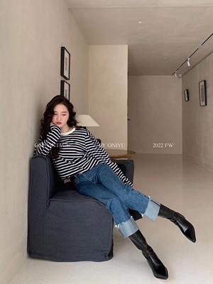 ONI欧尼百搭显瘦牛仔裤女2022秋季韩版高腰宽松卷边直筒裤潮6083