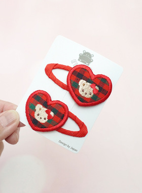 定制款 日本familiar风格 格纹控刺绣爱心小熊发夹对夹BB夹拜拜夹