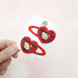 定制款 日本familiar风格 格纹控刺绣爱心小熊发夹对夹BB夹拜拜夹