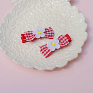 定制款 对夹边夹儿童发饰 日本大牌红格子小雏菊全包发夹