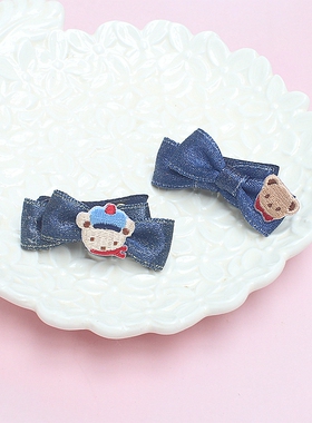 日本FAMILIAR家同款公仔闪粉牛仔色双蝴蝶结刺绣小熊发夹刘海夹