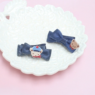 日本FAMILIAR家同款公仔闪粉牛仔色双蝴蝶结刺绣小熊发夹刘海夹