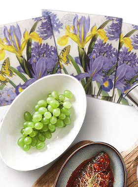 植物花卉印花原木浆彩色餐巾纸蝶古巴特手帕纸一次性纸巾33x33