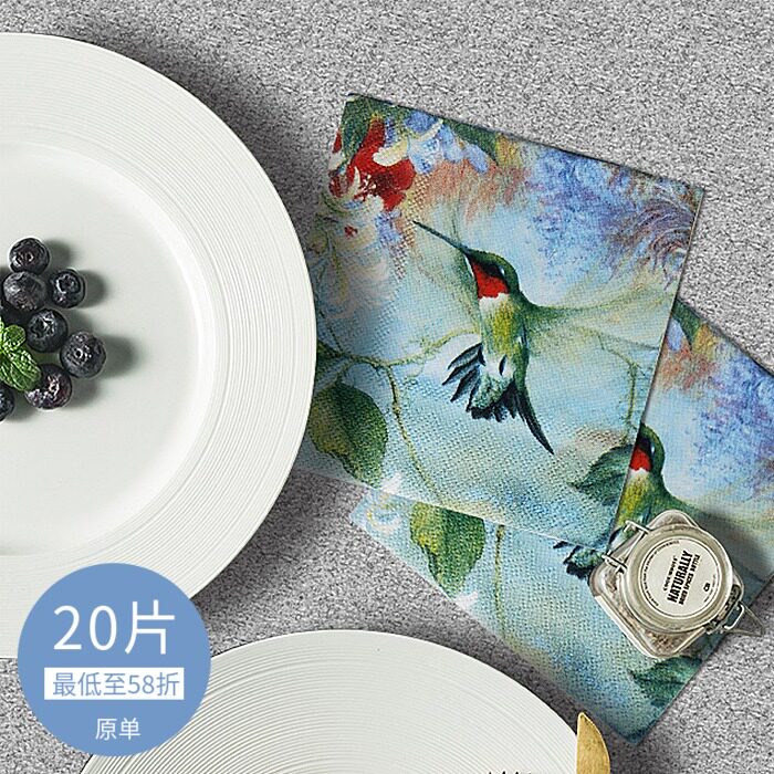 个性创意蝶古巴特素材印花纸巾纯木浆手帕纸彩色餐巾纸25*25蜂鸟