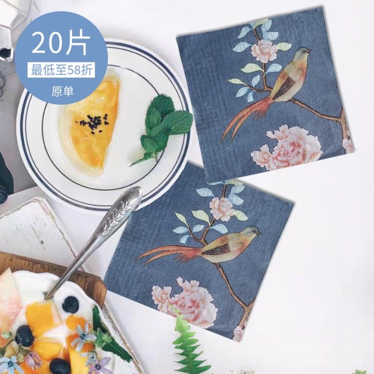 中式花鸟手绘风印花餐巾纸蝶古巴特手帕纸纯木浆彩色纸巾33*33青
