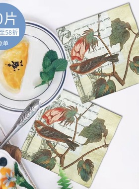 NL022花鸟印花纯木浆彩色餐巾纸蝶古巴特纸巾手帕纸33x33黄边框