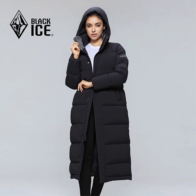 黑冰羽绒服连帽鹅绒大衣FAF8569 女款户外超轻长款加厚防风保暖服