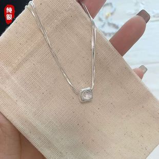 極簡約 S925純銀拉絲方糖珠多股層蛇骨項鏈女2025夏百搭高級感韓版