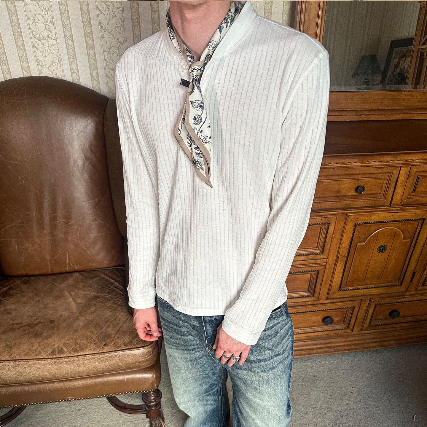 EX25秋季纯色棉麻亨利领长袖