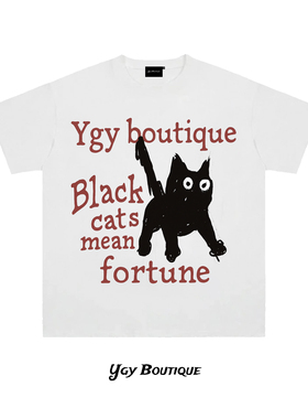 YGY潮牌320g重磅纯棉猫咪印花T恤2026年夏季学生百搭情侣短袖上衣