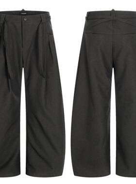 YGY老钱深灰色阔腿西裤男女抽绳复古街头打褶宽松显瘦垂感休闲裤