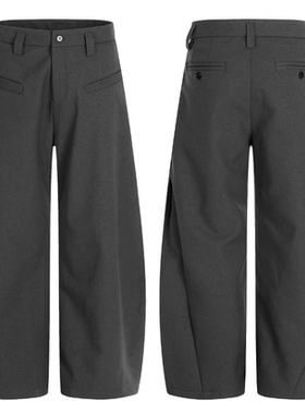 YGY老钱阔腿灰色西裤男女宽松复古休闲廓形baggy潮休闲弯刀长裤