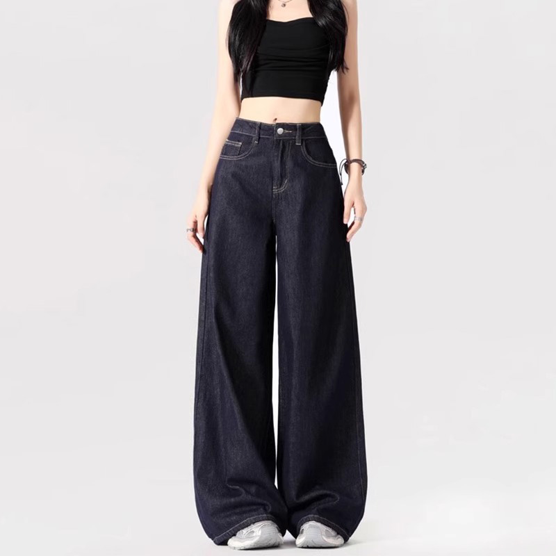 宽松阔腿牛仔裤子高腰显瘦拖地裤