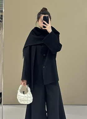 元品质 C家女装 休闲版型流苏围巾领毛混纺大衣2025秋季新品