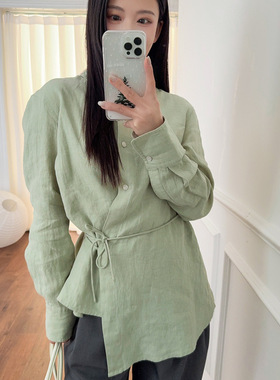 元品质 ARK亚麻长袖不对称下摆衬衫绿色系带修身衬衣25春新款
