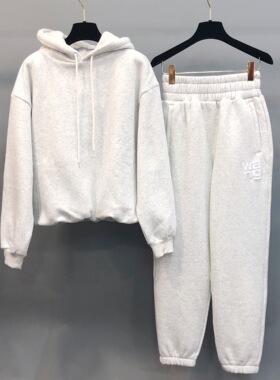 经典 2025花灰色发泡字母宽松加绒卫衣松紧腰束脚卫裤运动套装