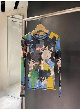 小众潮牌2022秋冬新款性感透视卡通印花长袖T恤女明星打底衫上衣