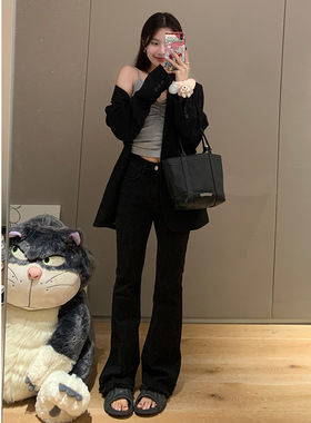 CC 复古黑色毛边微喇牛仔裤女2024春夏小个子腰垂感拖地马蹄裤