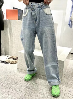 2025早春新款复古高腰泫雅老爹牛仔裤白口袋破洞牛仔萝卜裤长裤女