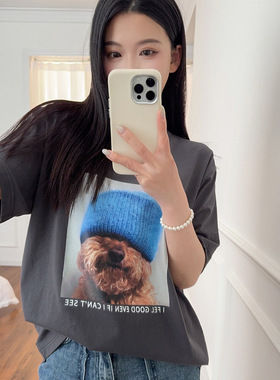 韩国东大门25春夏宽松T恤小狗印花男女百搭减龄圆领短袖棉T潮