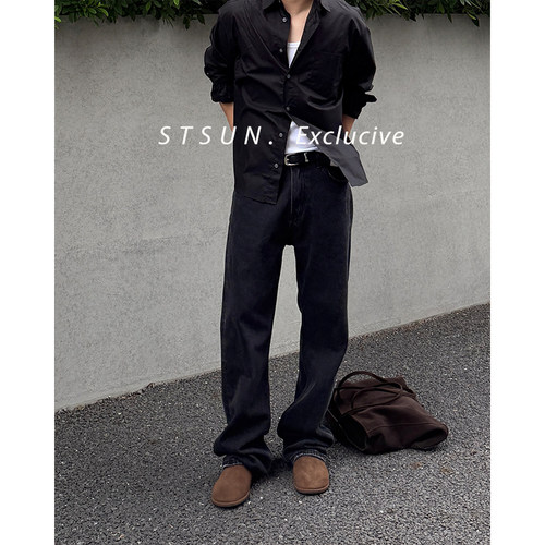 STS水洗黑灰色静奢直筒牛仔裤