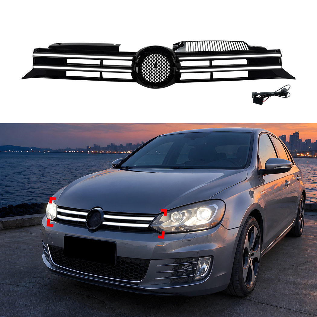 适用大众高尔夫6 高6 Golf MK6改R款LED带灯发光中网进气格栅改装