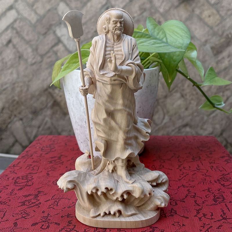 黄杨木雕刻家居摆放中式古典人物佛像渡江达摩祖师复古装饰工艺品