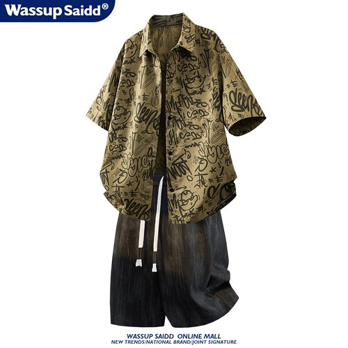 WASSUP SAIDD美式短袖套装涂鸦印花衬衫男夏季扎染短裤时尚潮牌