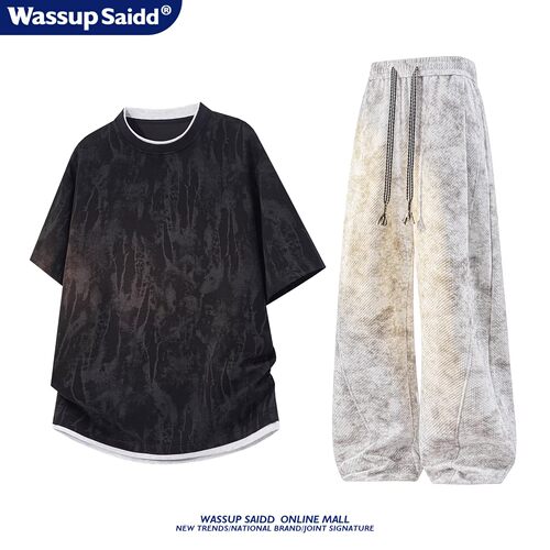 WASSUP SAIDD扎染假两件短袖男夏季休闲运动青少年长裤时尚套装