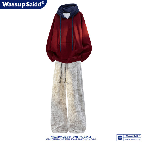 WASSUP SAIDD新款扎染连帽卫衣套装男春秋季美式休闲潮流长裤一套