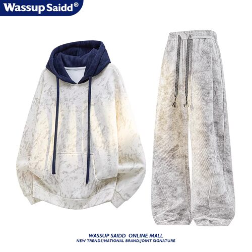 WASSUP SAIDD加绒套装秋冬季长袖连帽卫衣美式休闲长裤男女青少年