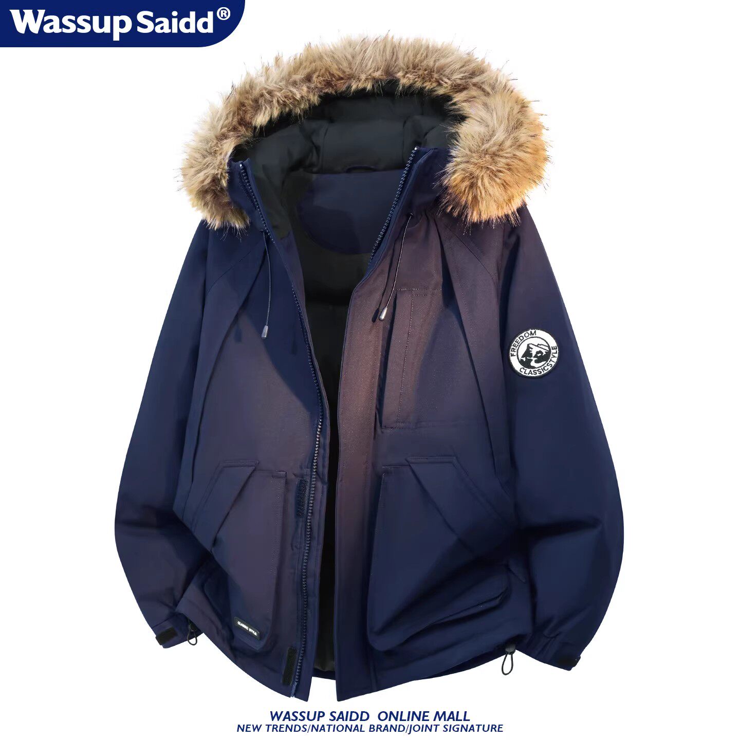 WASSUP SAIDD美式毛领连帽棉衣男派克服冬季加厚保暖工装女外套潮