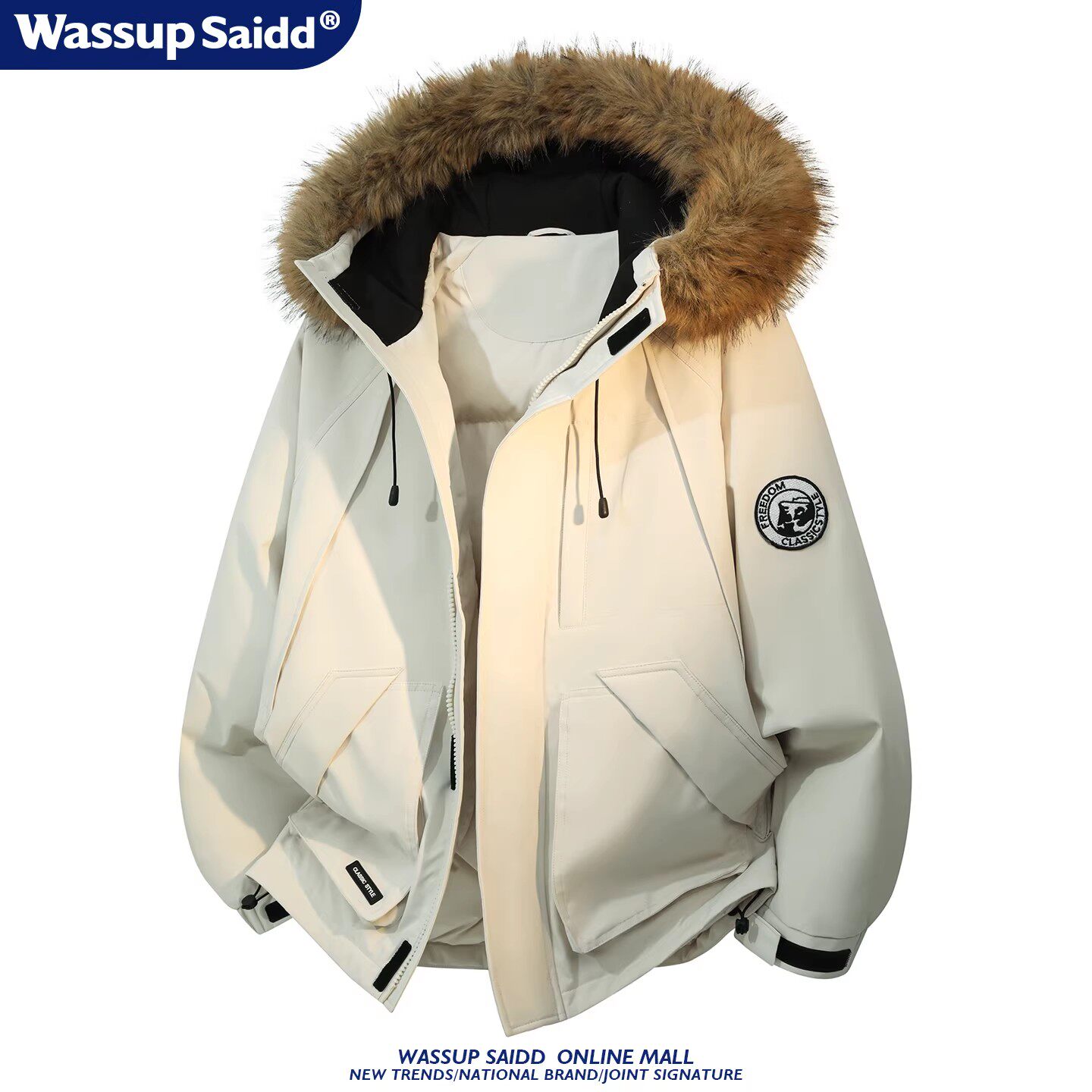 WASSUP SAIDD美式毛领连帽棉衣冬季男派克服加厚保暖工装女外套潮