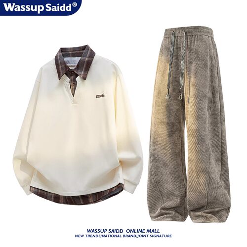 WASSUP SAIDD加绒美式假两件衬衫领卫衣休闲长裤套装秋冬季男女潮