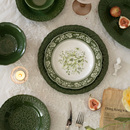 祖母绿复古风浮雕花边陶瓷餐菜盘 法式 陶瓷碗长方形盘牛排盘西餐