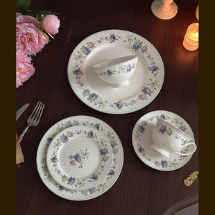 法式 中古风vintage蓝玫瑰陶瓷西餐盘菜盘 咖啡杯碟红茶饭碗牛排