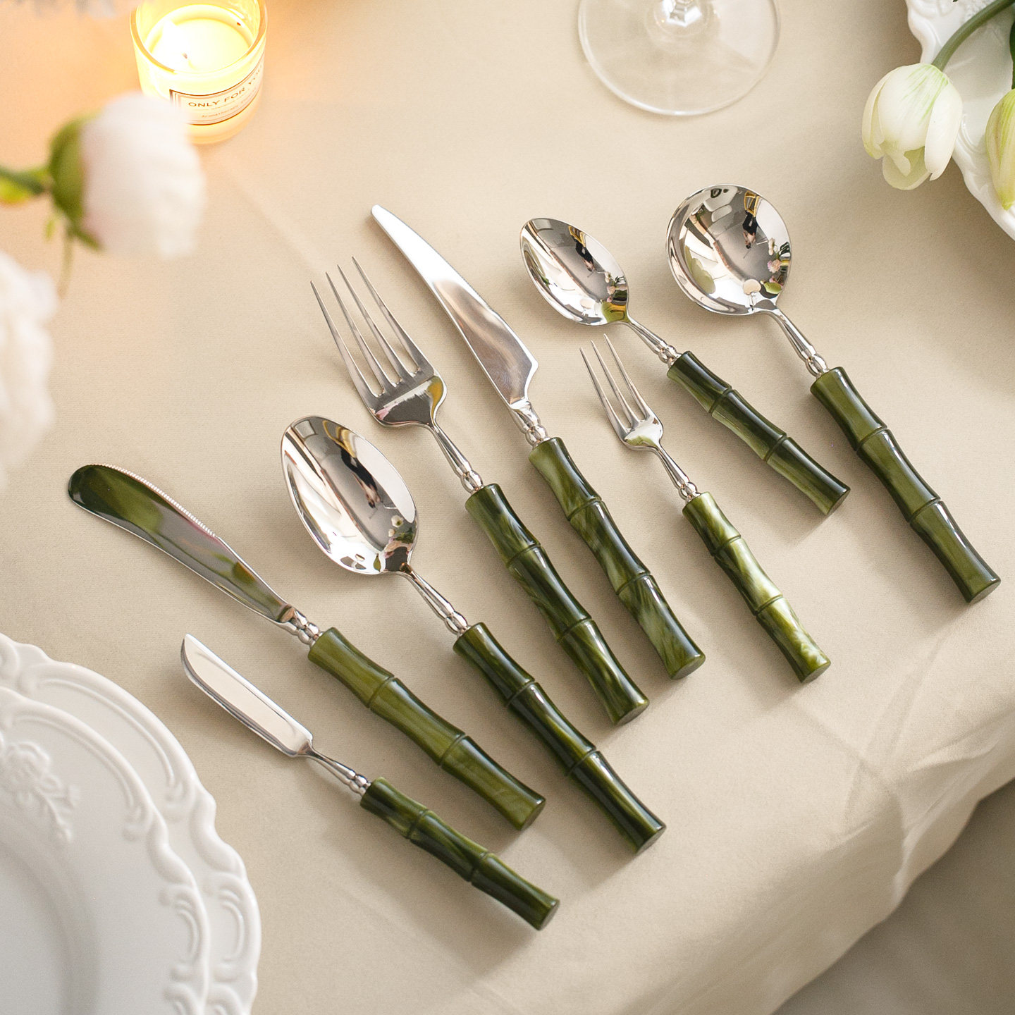 304不锈钢仿玉手柄竹节亚克力 西餐勺牛排刀餐叉甜品抹刀ins汤勺