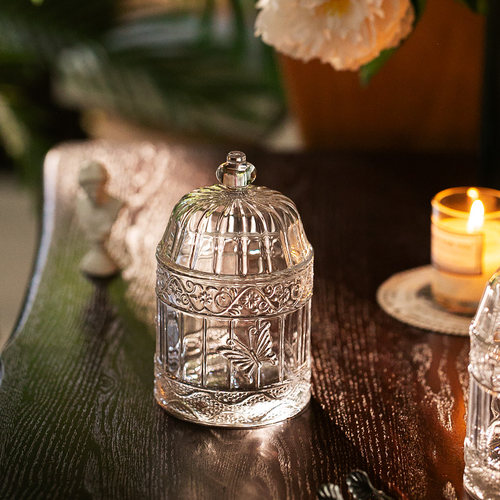复古 浮雕 蝴蝶玻璃干糖缸 收纳罐 棉签罐牙签罐 首饰罐中古法式