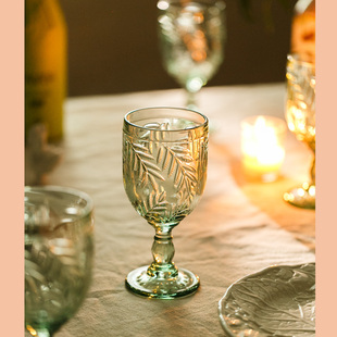 外单棕榈叶浮雕玻璃色料原色 高脚杯复古红酒玻璃水杯刻花vintage