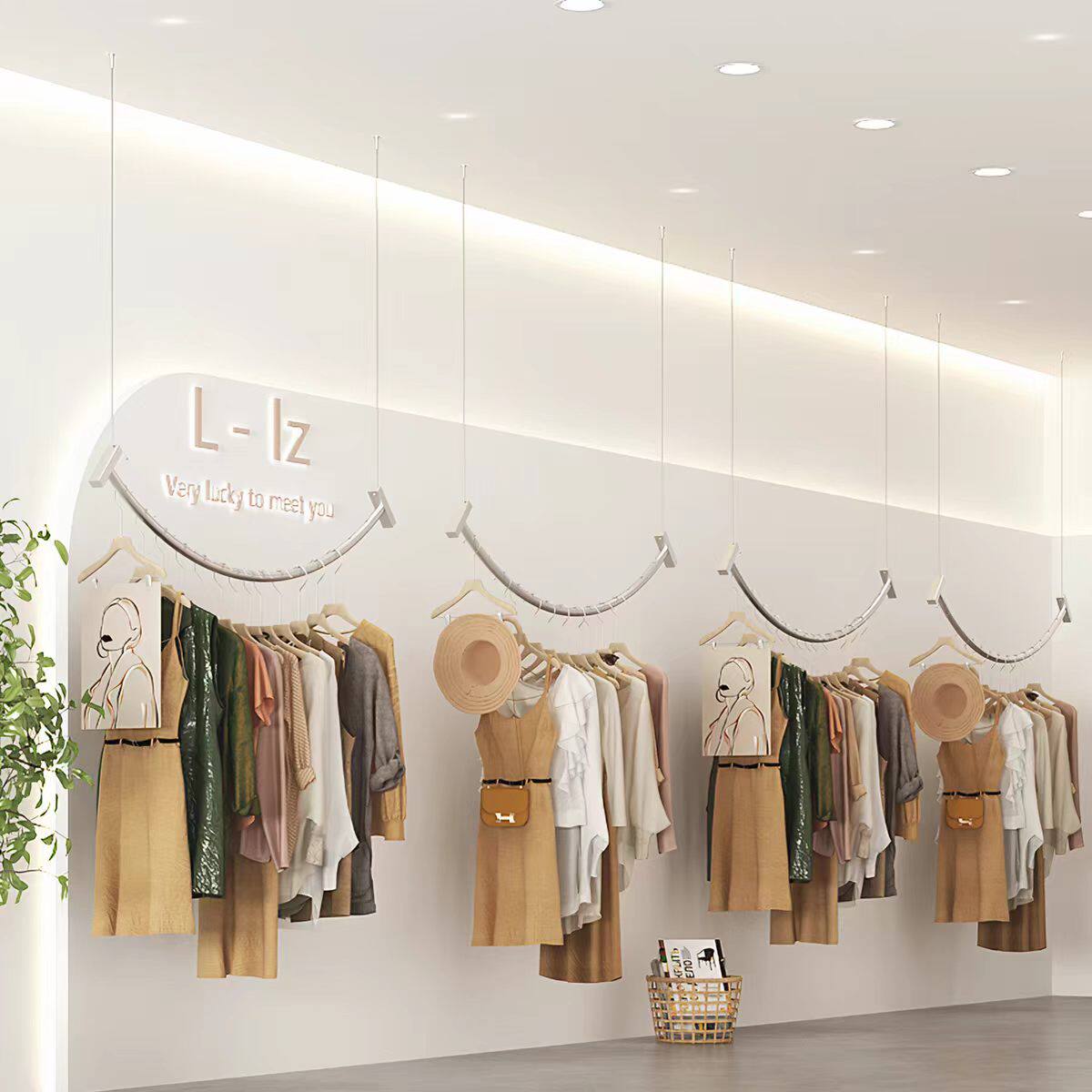 不锈钢服装店银色男女童装钢丝悬挂架极简展示架吊顶货架吊架
