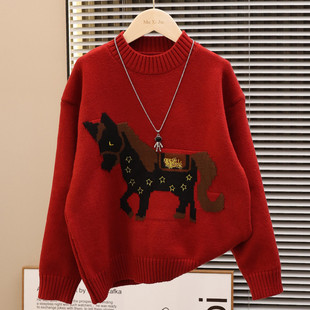 2025新款冬季儿童红色毛衣男女童保暖卡通马图案上衣百搭童装