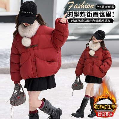 2025新款冬季红色围脖棉衣女童加厚保暖外套时尚百搭冬装
