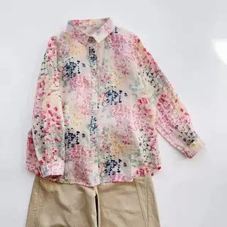 粉色印花衬衫巨好看百搭韩版宽松薄款碎花小衫法式百搭女上衣露肩