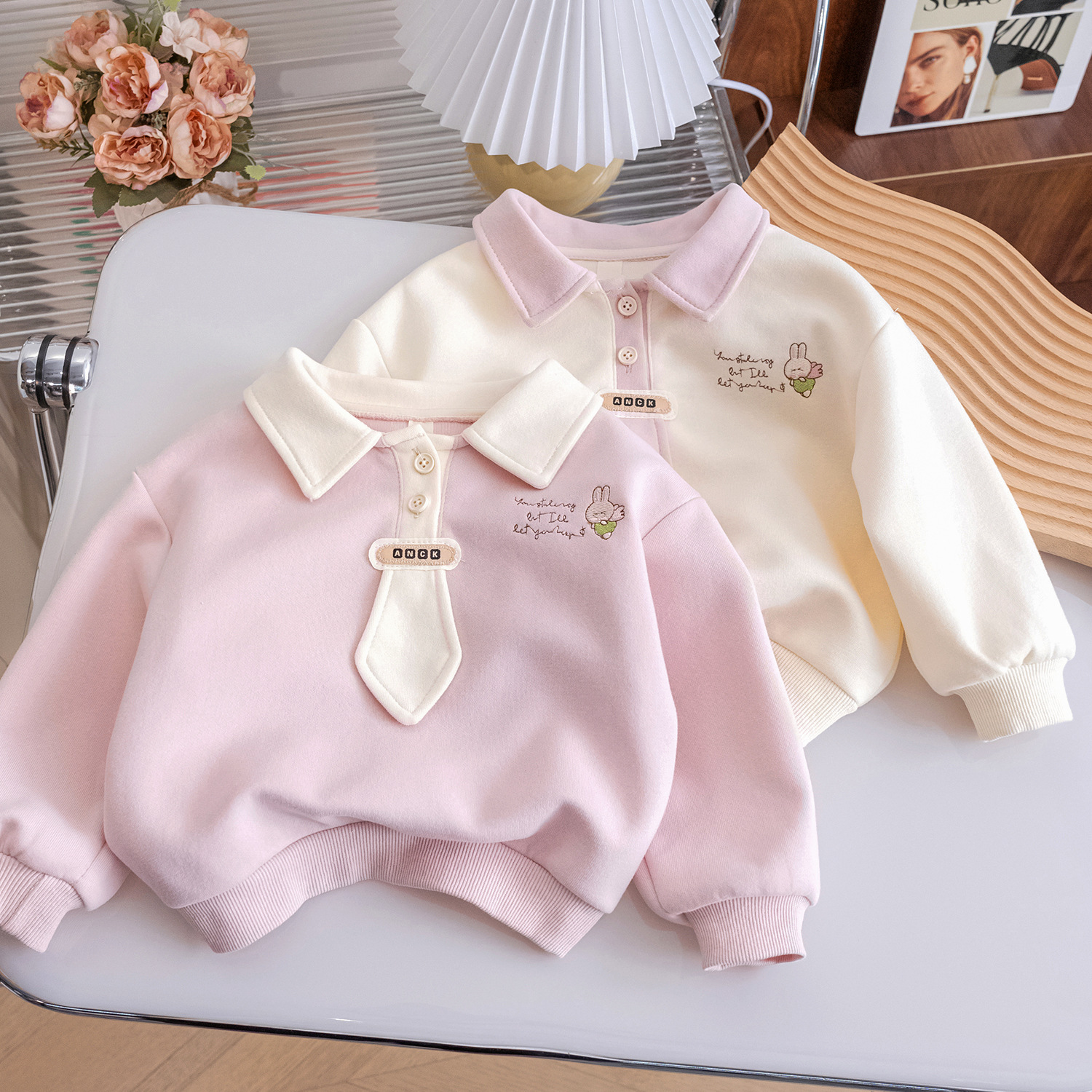 女童纯棉卫衣春秋新款洋气儿童时髦卡通上衣可爱翻领学院风POLO衫