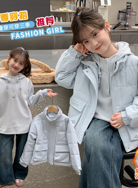 2025新款冬季保暖儿童男女童时尚蓝色外套卫衣牛仔裤
