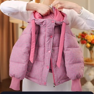 2025新款冬季玫红色格子羽绒服女童保暖外套时尚百搭冬装上衣