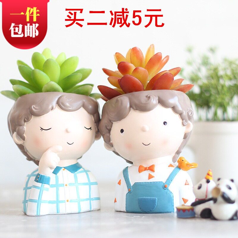 创意卡通卷毛小男孩花环少女多肉花盆阳台办公室桌面微景观花器